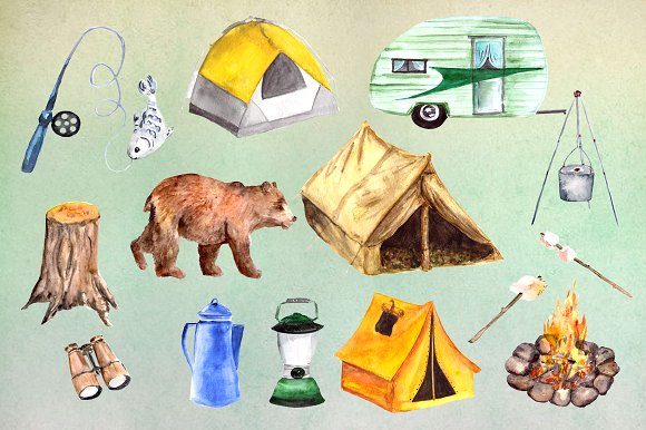 Download Watercolor Camping Clip Art Set - Camping clip art Collection
